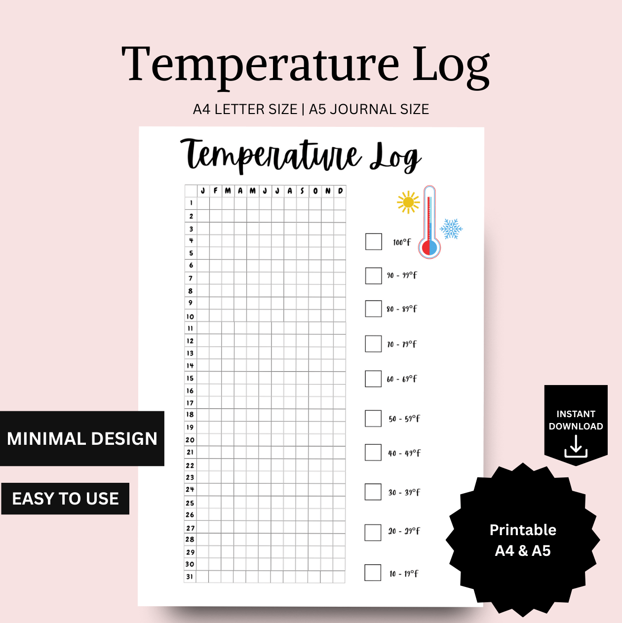 temprature tracker templates shown for digital and printable formats, including A4, and A5 layouts. scribbly bits